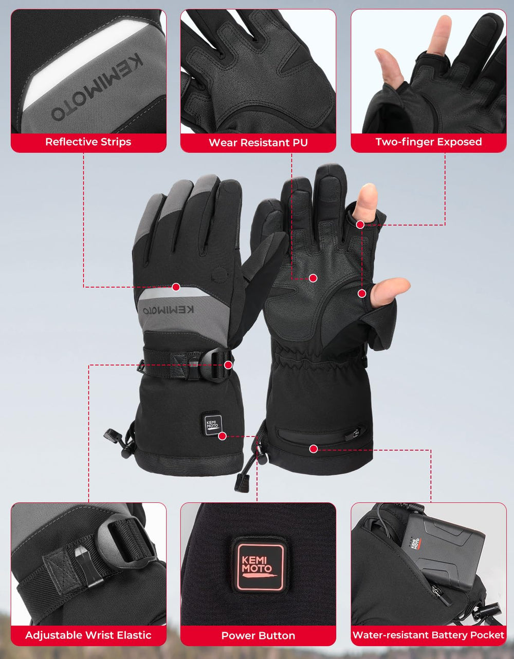 KEMIMOTO heated gloves insulated cotton layer locks warmth with breathable comfort