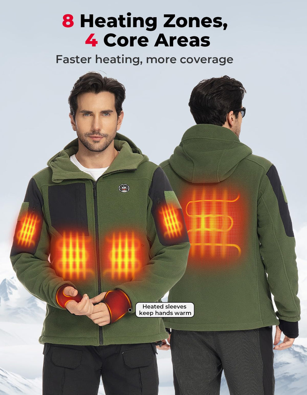 KEMIMOTO heated jacket chest heating zone providing upper body warmth outdoors