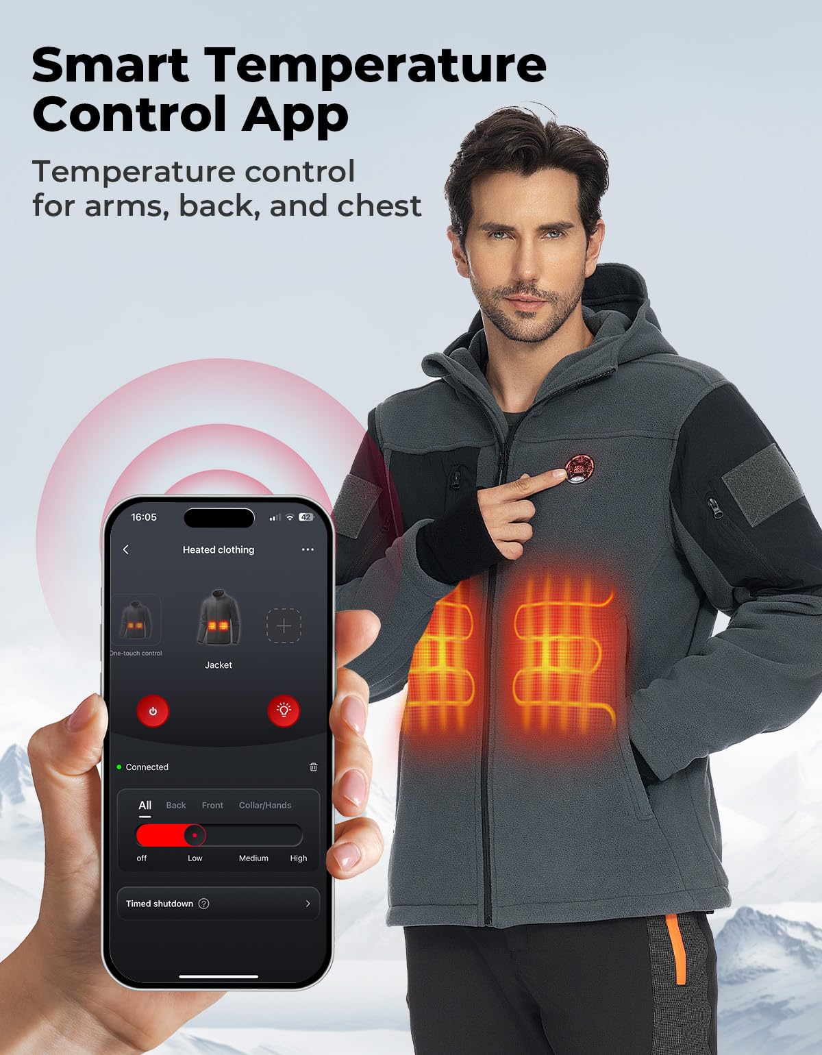 KEMIMOTO heated jacket with multiple pockets for secure essentials.