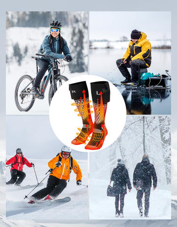 KEMIMOTO heated socks in-use ski gear illustrate versatile warmth during outdoor sports