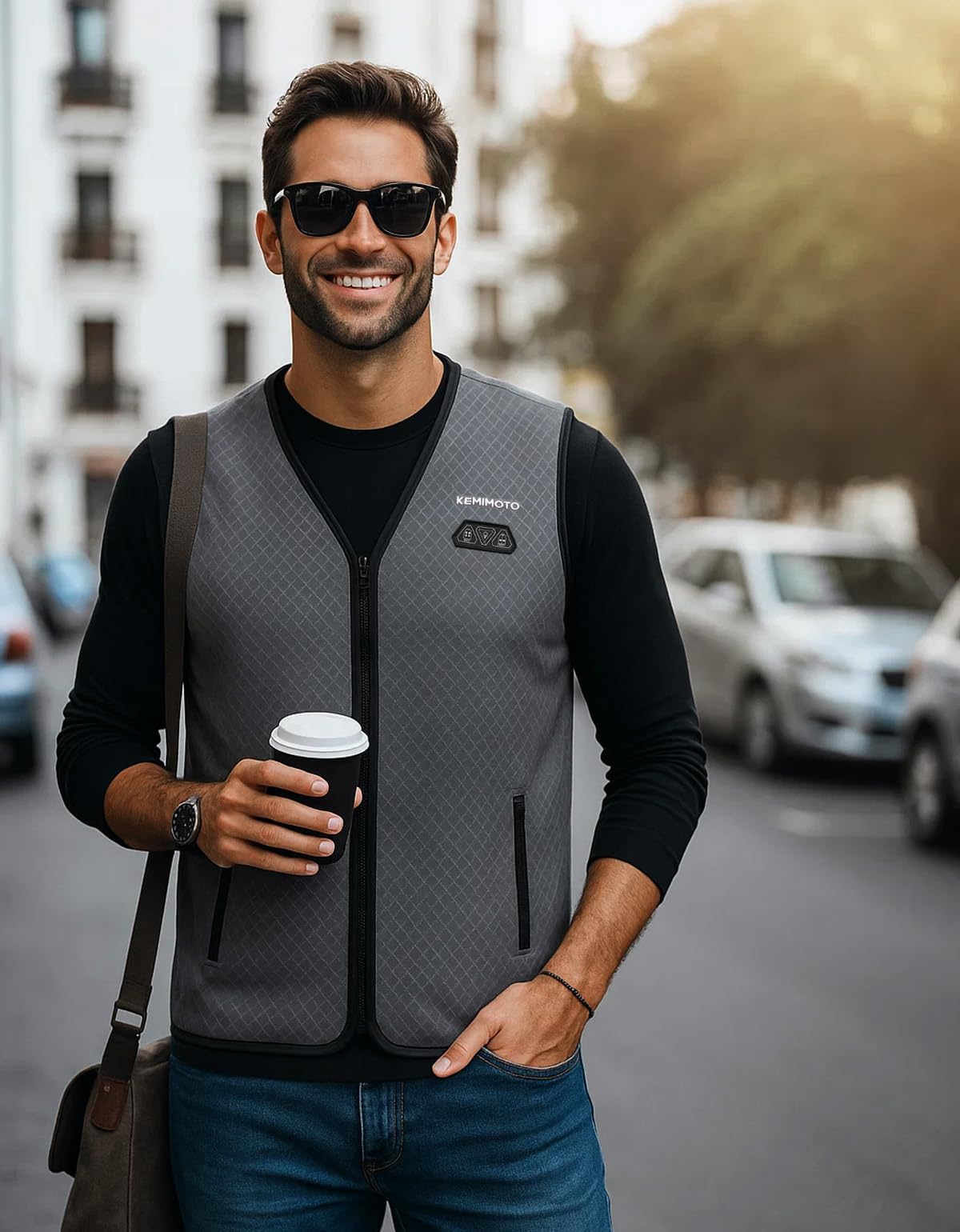 KEMIMOTO heated vest back view highlights back heating zones for warmth.