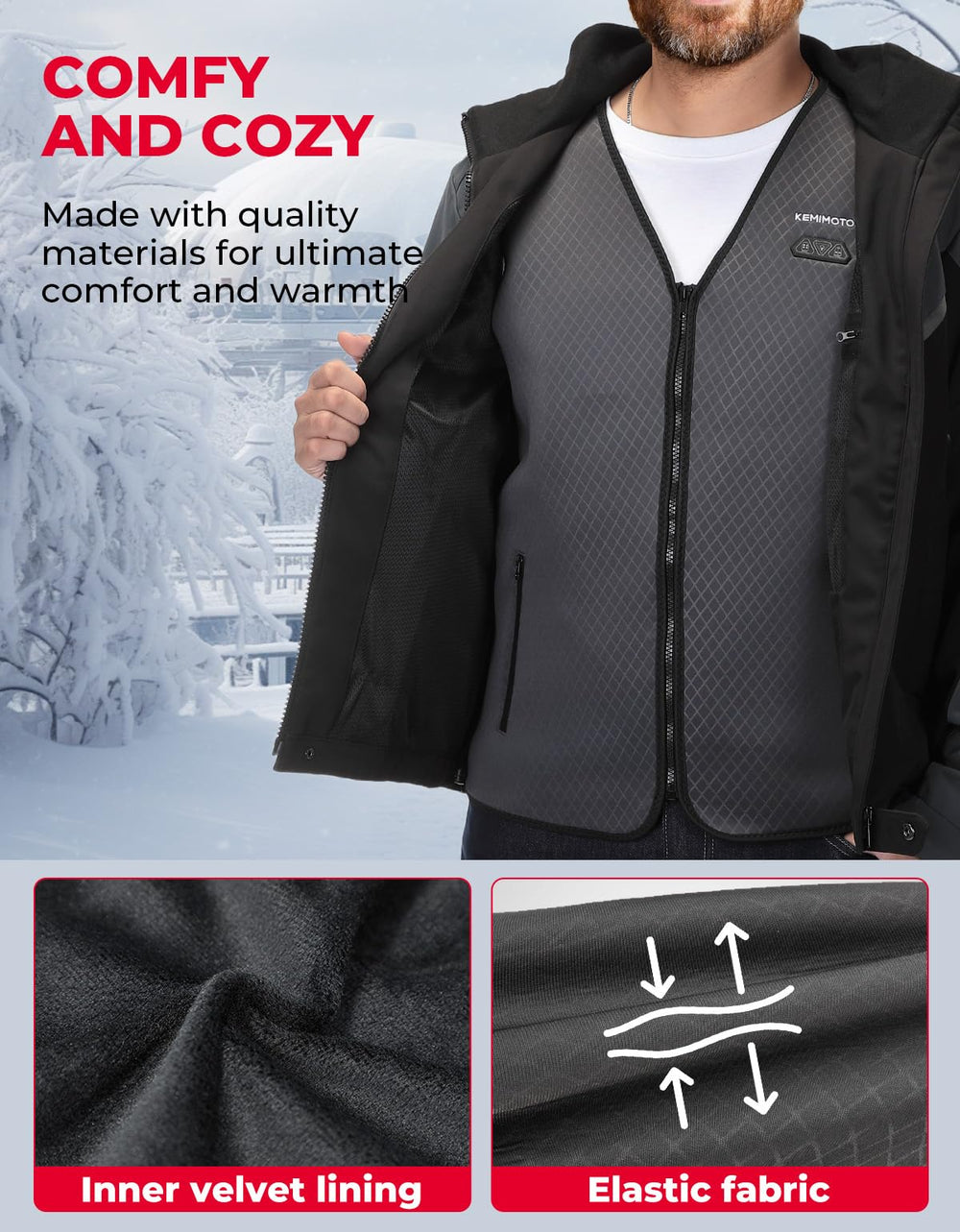 KEMIMOTO heated vest control switches illustrate customizable 9-mode heating.