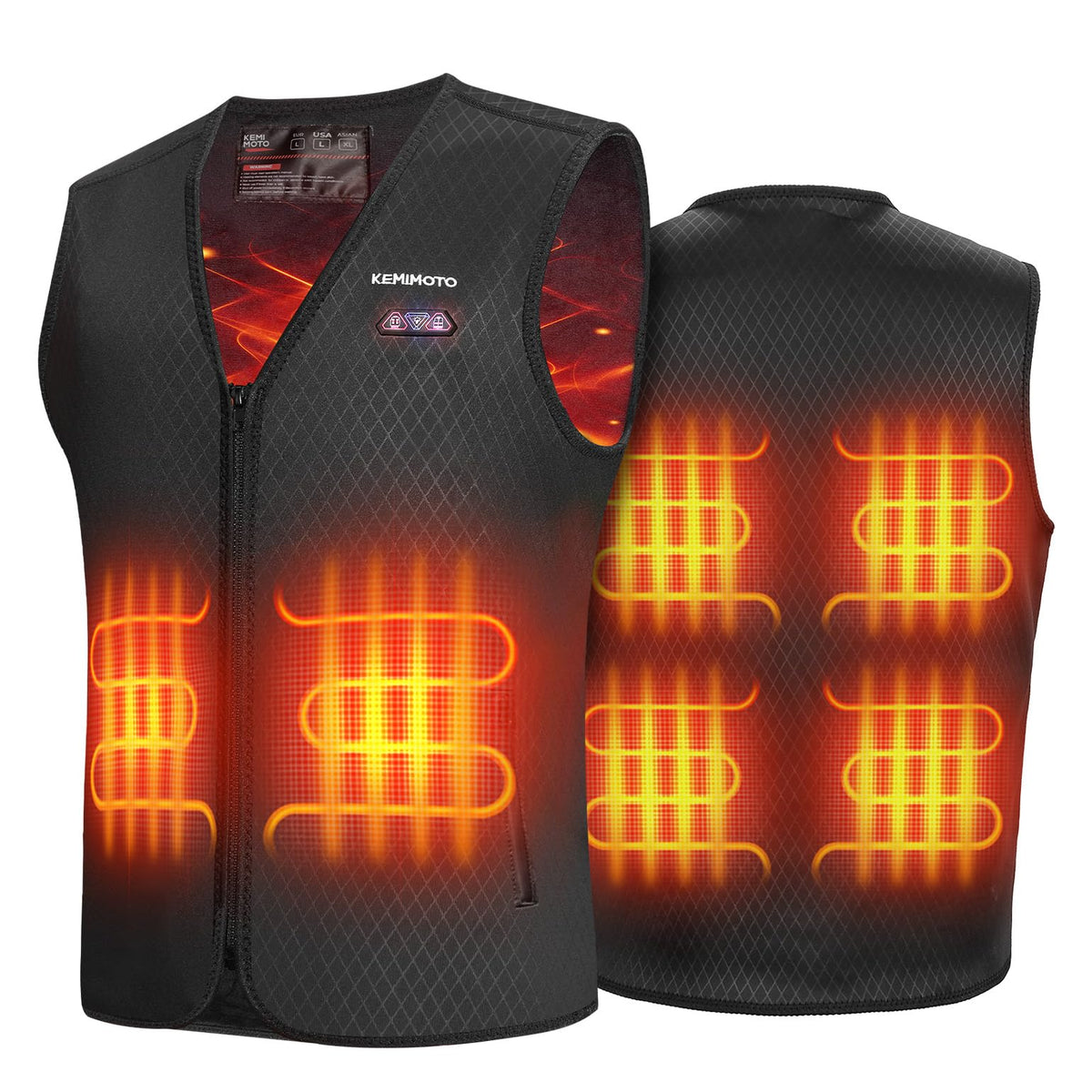 KEMIMOTO heated vest front view highlights six heating zones delivering targeted warmth