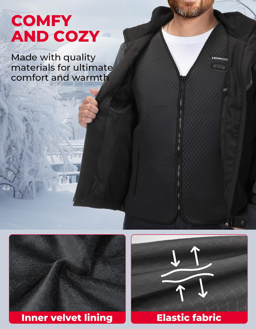 KEMIMOTO heated vest in action outdoors demonstrates versatile layering for winter