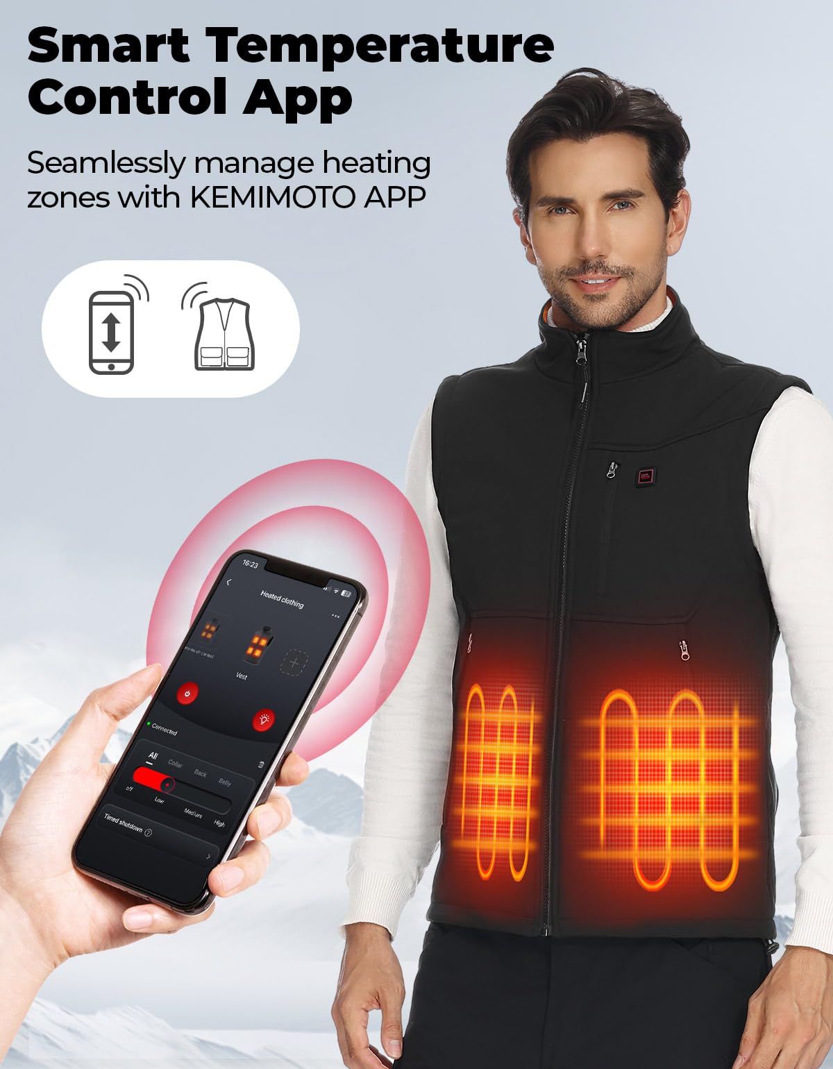 KEMIMOTO heated vest windproof fabric keeps you dry in breezy conditions.