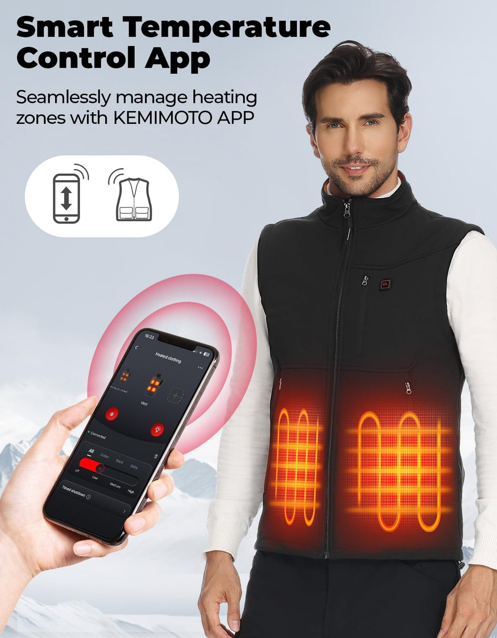 KEMIMOTO heated vest windproof fabric keeps you dry in breezy conditions.