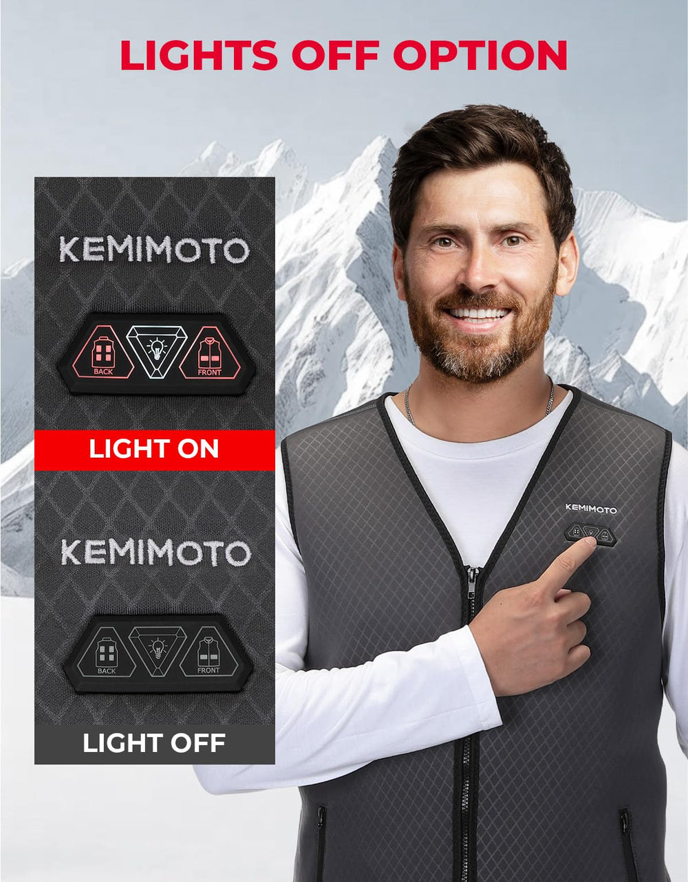 KEMIMOTO heated vest worn under outerwear for cold-weather outings.