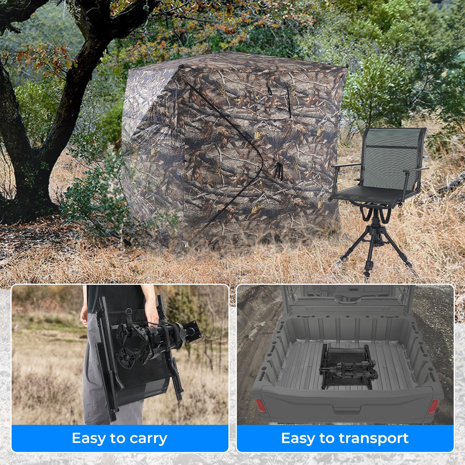 KEMIMOTO hunting blind chair portable with shoulder strap simplifies transport to site.