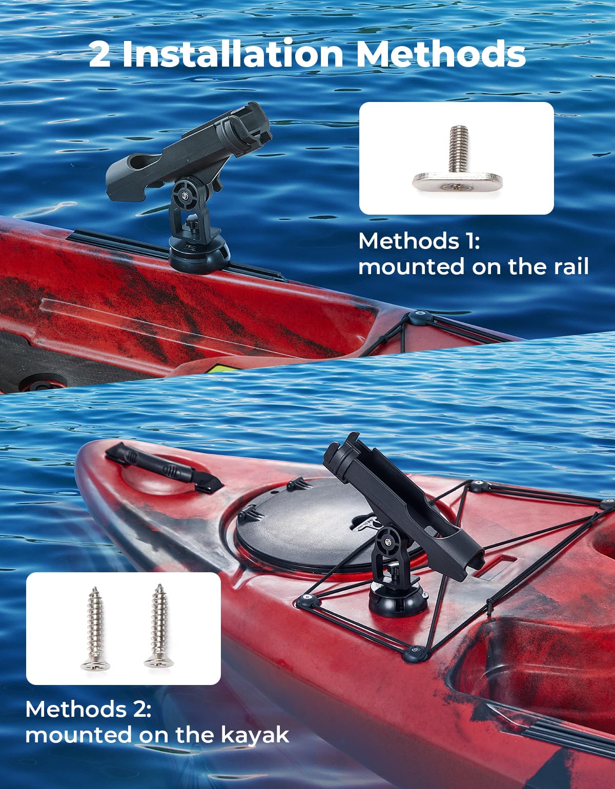 360-degree rotatable kayak rod holder in use