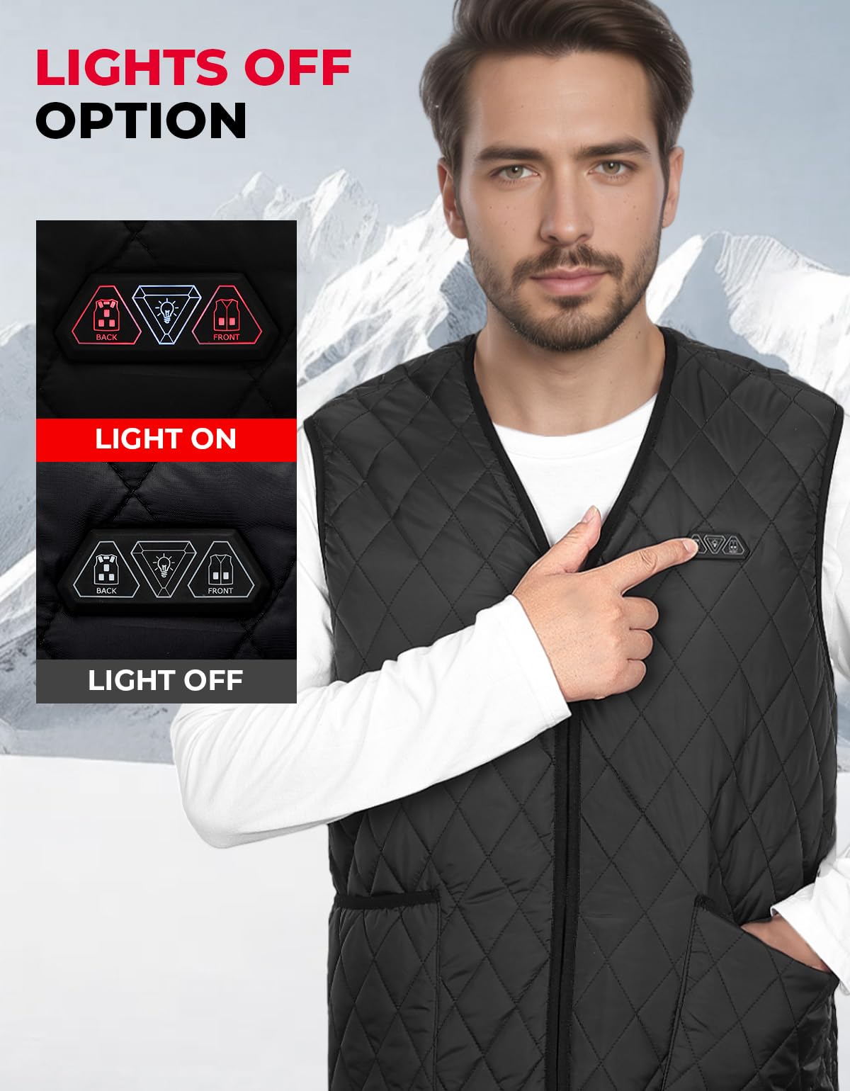 KEMIMOTO vest back heating zone for targeted outdoor warmth.