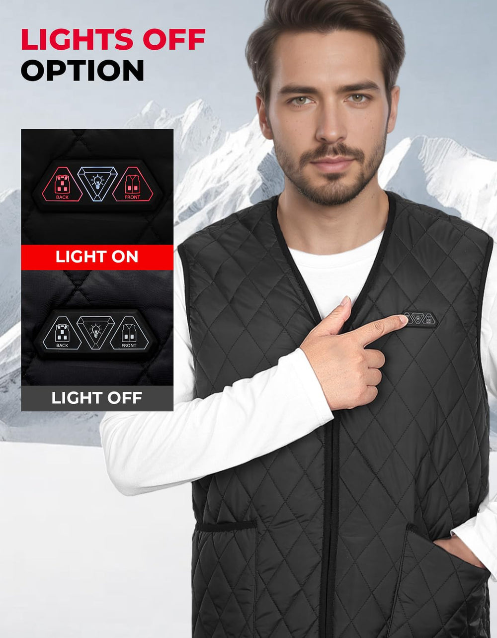 KEMIMOTO vest back heating zone for targeted outdoor warmth.