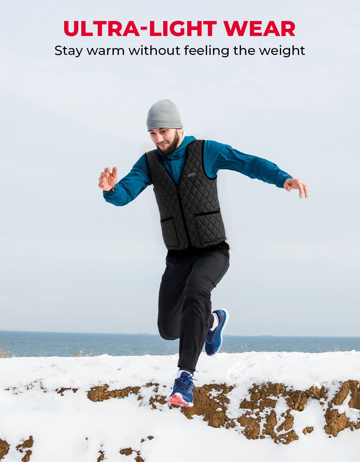 KEMIMOTO vest front heating zones enable customizable warmth in cold moments.