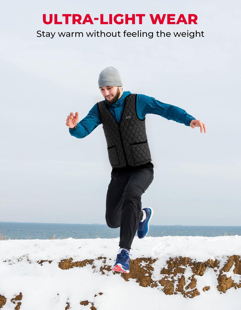 KEMIMOTO vest front heating zones enable customizable warmth in cold moments.