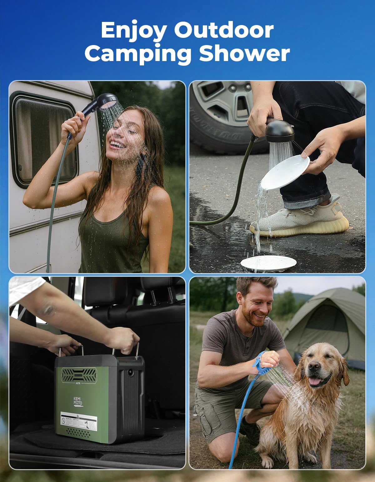 KEMIMOTO packaging shows hose, showerhead, and connectors