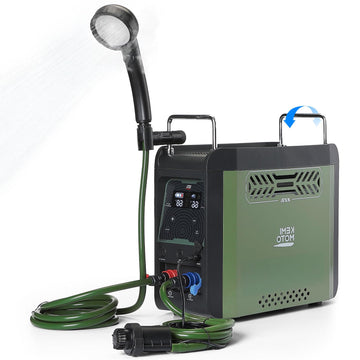KEMIMOTO portable water heater front view, compact camping-ready design.