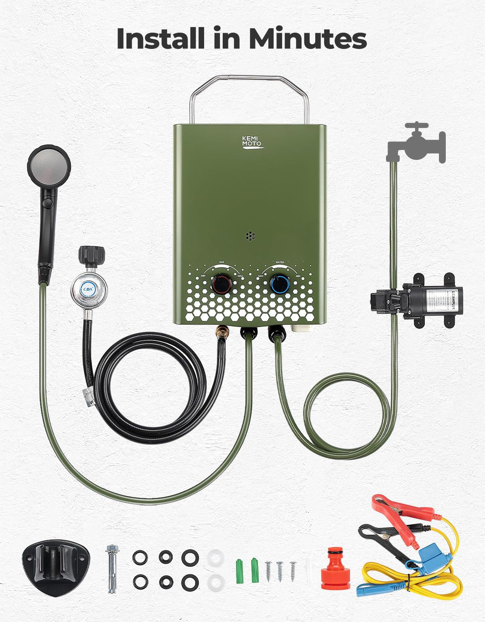 Kemimoto tankless water heater accessory pack with showerhead and pipes