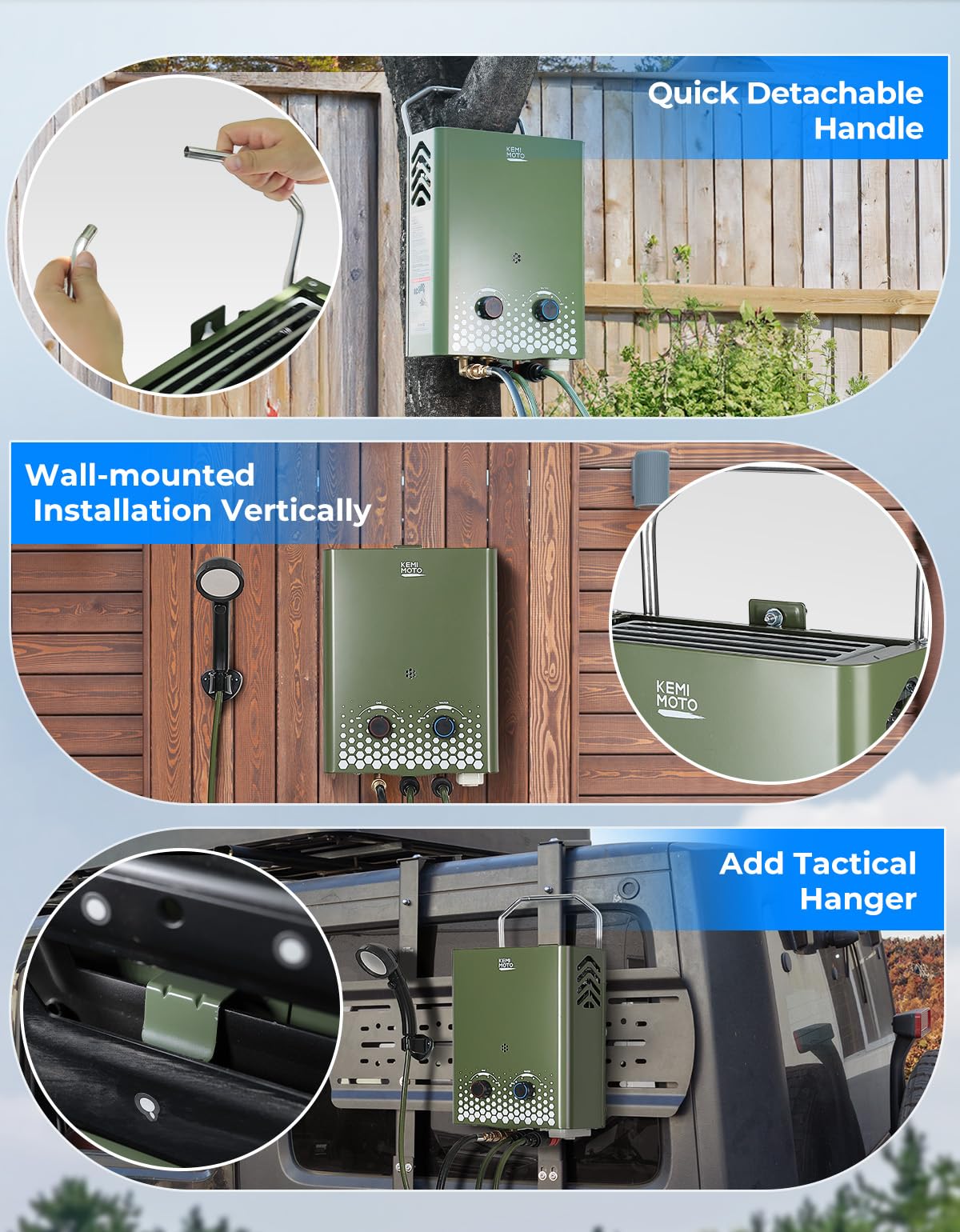 Kemimoto tankless water heater with leak protection sensors for safety