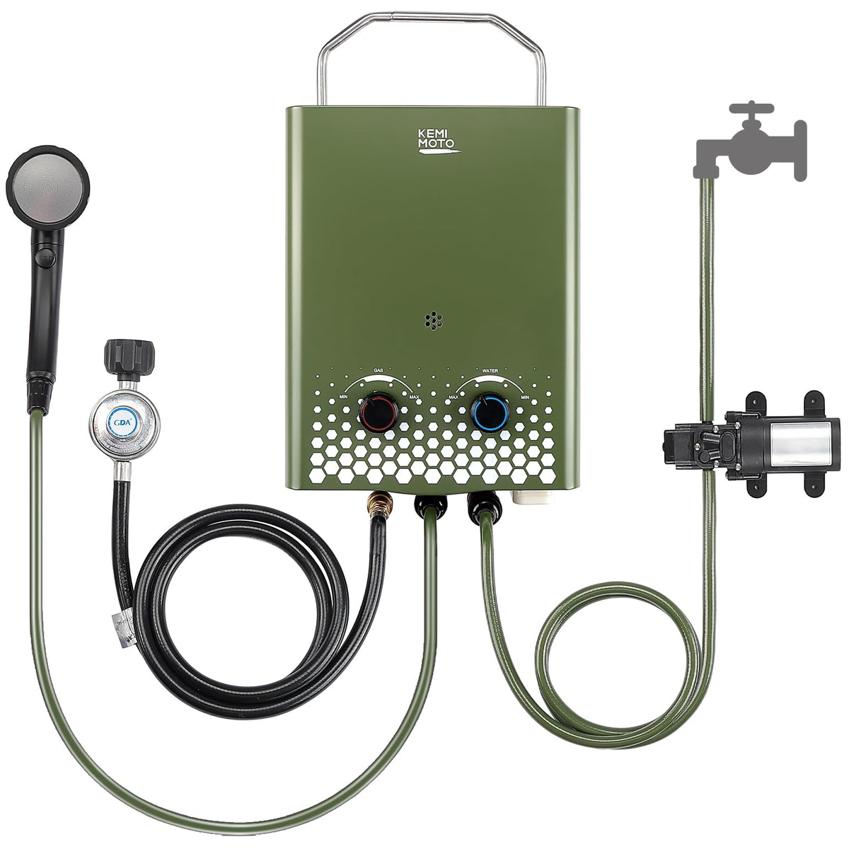 Kemimoto tankless water heater outdoor front view showing compact portability