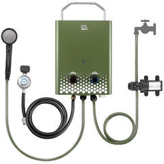 Kemimoto tankless water heater outdoor front view showing compact portability