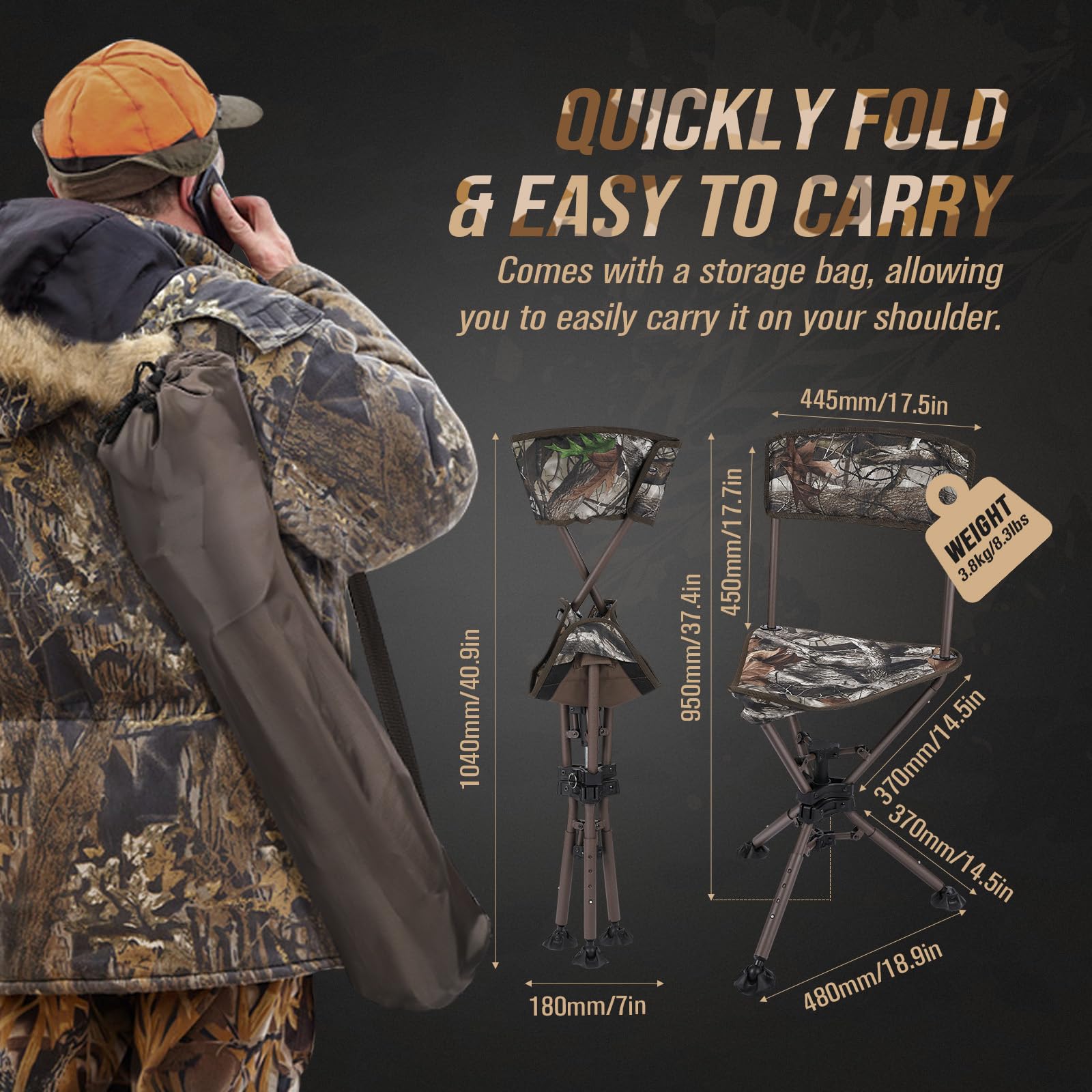 KEMIMOTO tripod swivel hunting chair with camo cloth helps conceal you