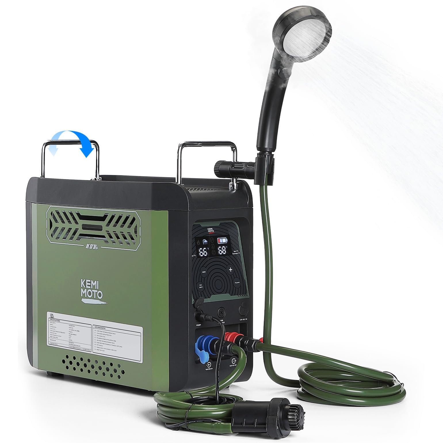 KEMIMOTO water heater front view, compact portable design for travel use