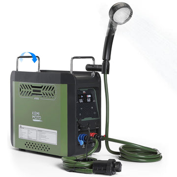 KEMIMOTO water heater front view, compact portable design for travel use