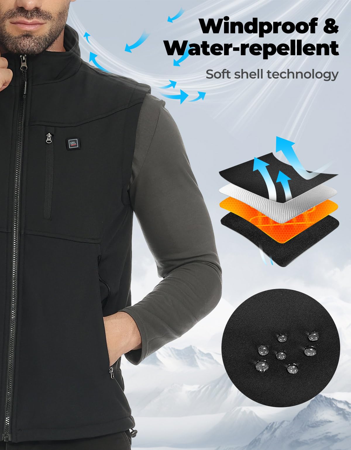 KEMIMOTO heated vest front pocket view shows secure storage for outdoor activity
