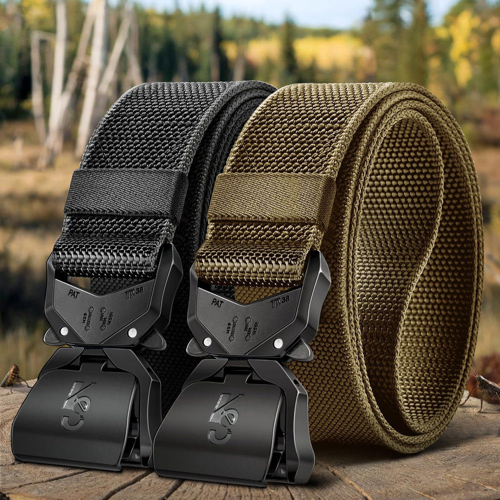 KEMISANT Men Tactical Belt adjustment tail grip demonstrates easy pull-to-fit customization.