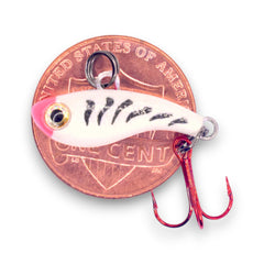 Kenders Outdoors T-Rip Mini Vibe Bait in White Tiger Glow attracts panfish with tungsten density.