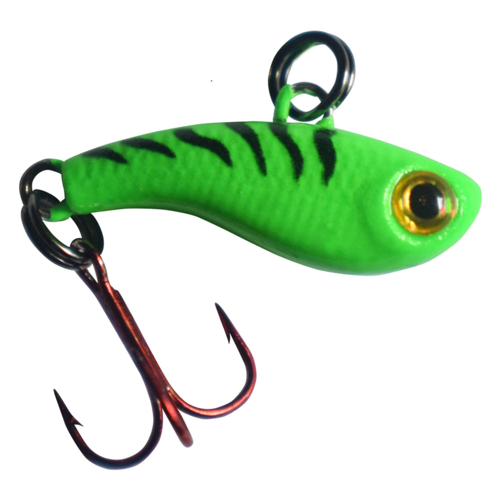 Kenders Outdoors Tungsten T-Rip Mini Vibe Bait in Green Tiger Glow for panfish attraction (half-inch).