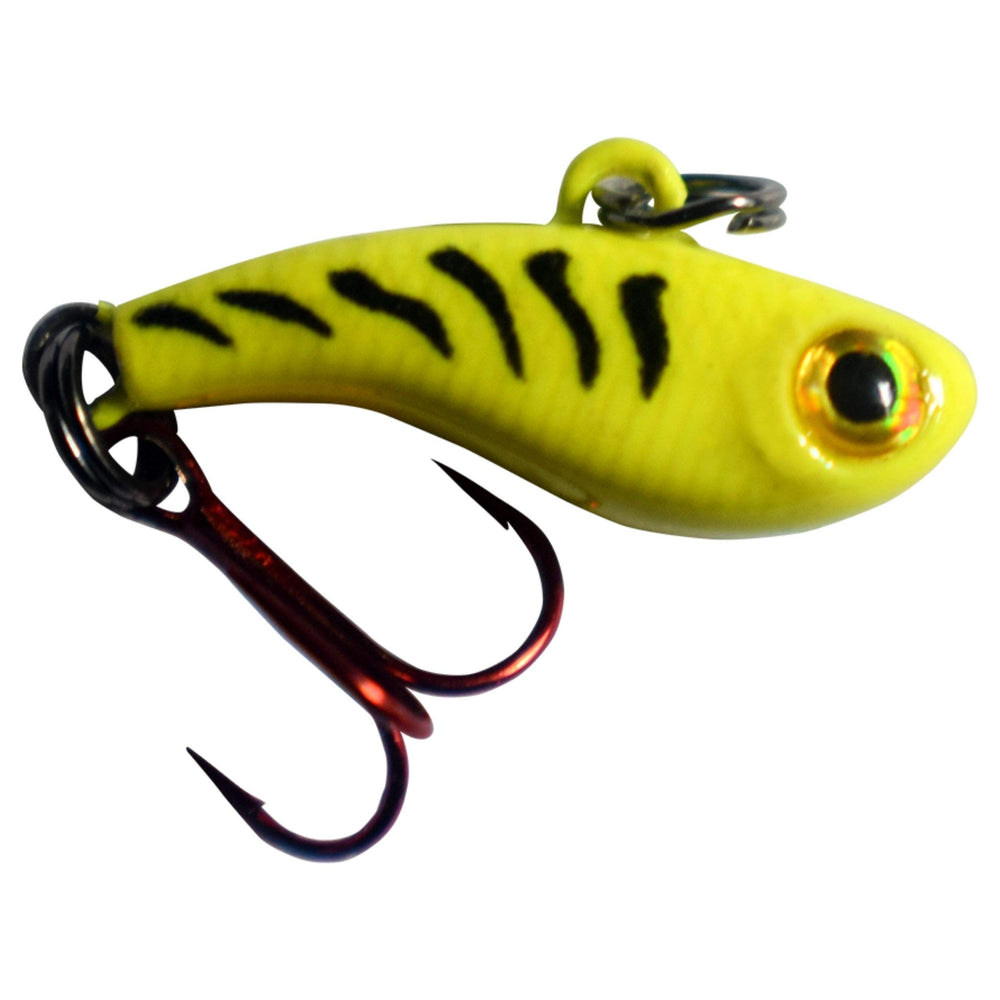 Kenders Outdoors T-Rip Mini Vibe Bait Chartreuse Tiger Glow with dense tungsten core for panfish attraction.