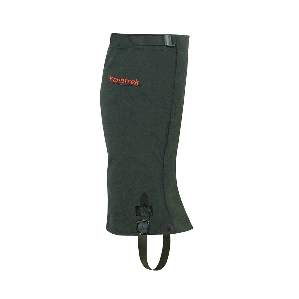 Kenetrek hunting gaiter front opening close-up shows quick access and secure seal in snow.