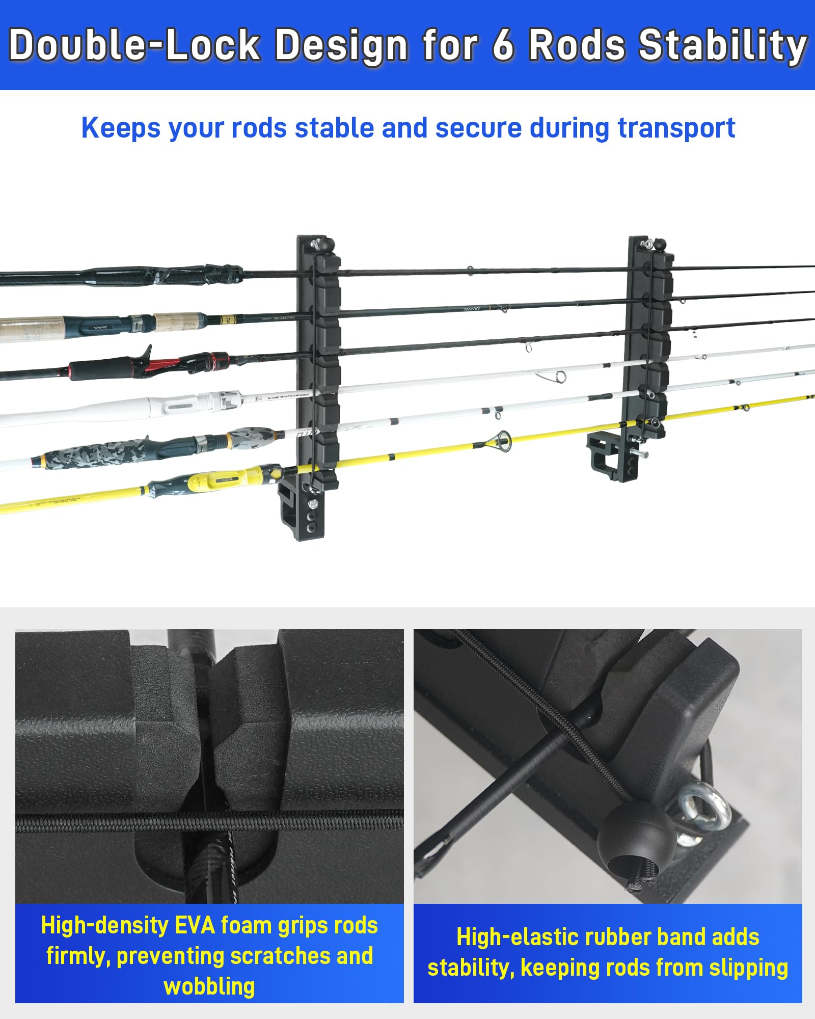 Kerty rod holder stores up to six rods for organized trips in a truck bed.