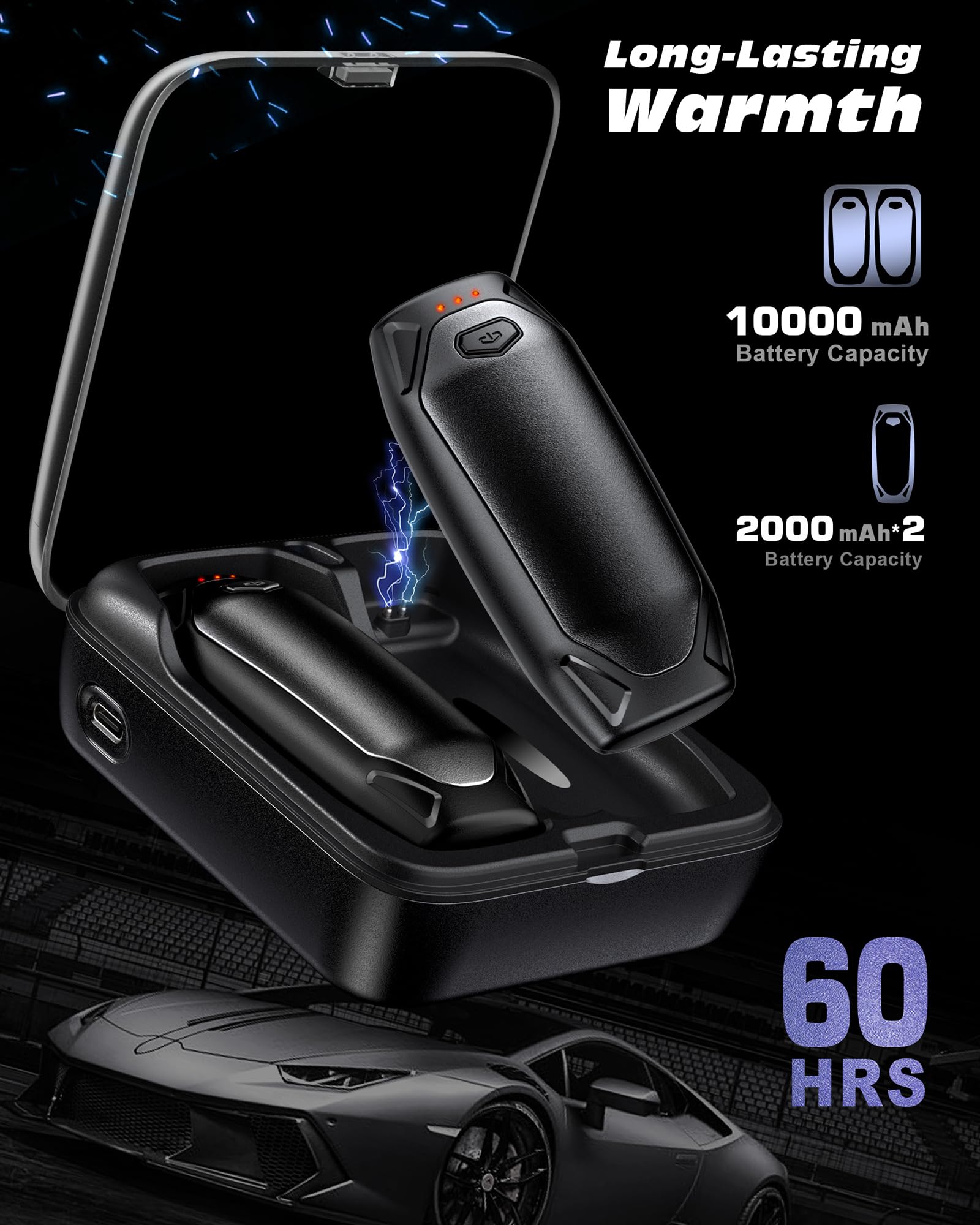 Kesguar hand warmers charging case highlighting extended warmth on long days.