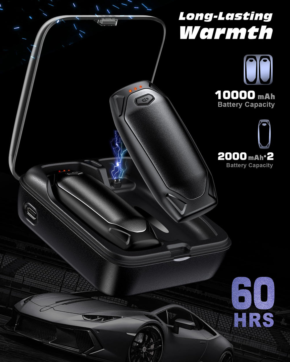 Kesguar hand warmers charging case highlighting extended warmth on long days.