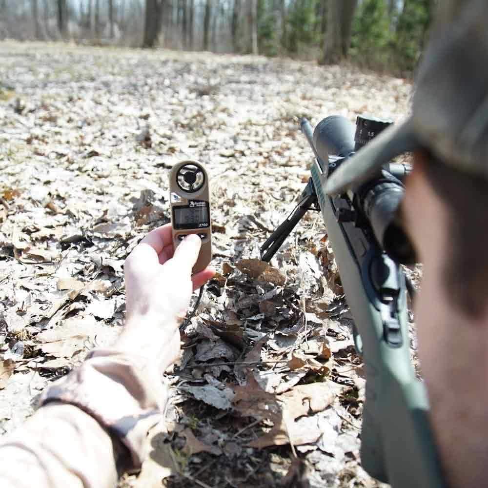 Kestrel Ballistics 2700 environment readings panel displays temperature and pressure for planning.