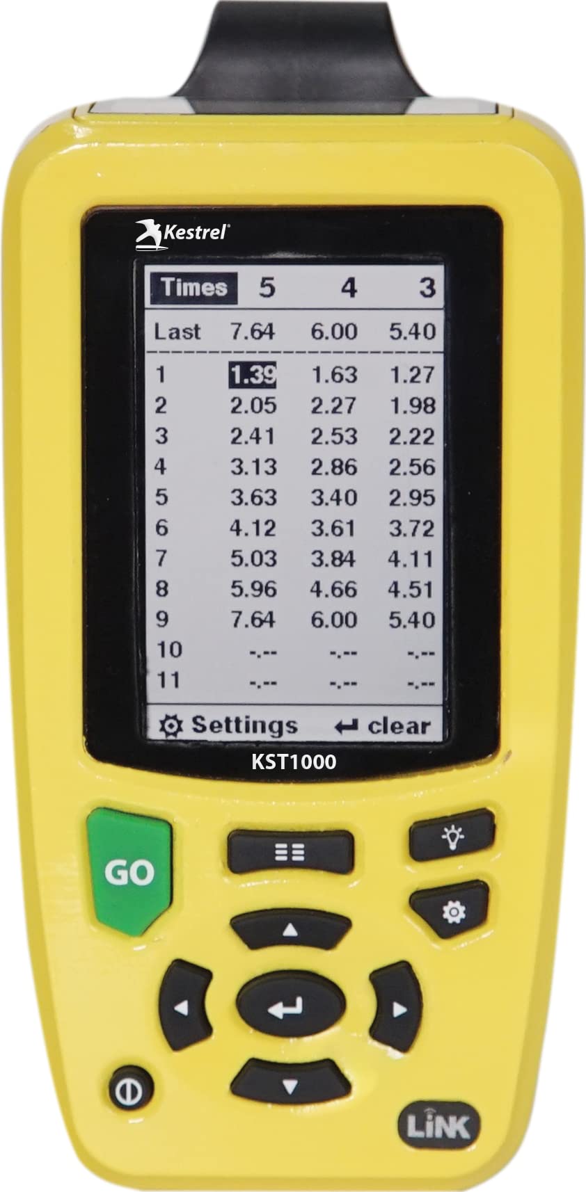 Kestrel Ballistics KST1000 shot timer side view with accessible controls.