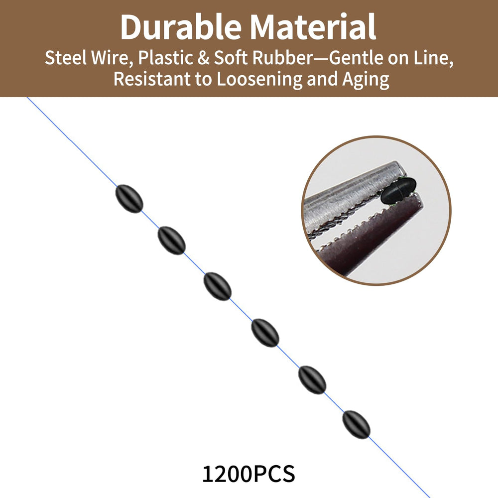 Soft rubber bobber stops with included plastic and steel components
