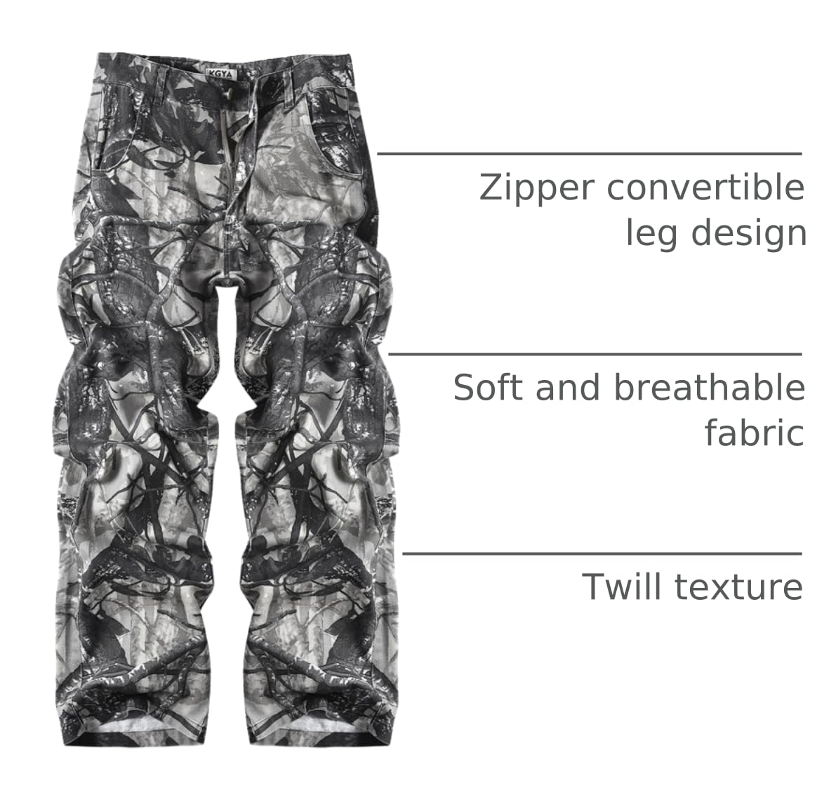 KGYA Men's camo cargo pants zipper-leg closed view with two style options