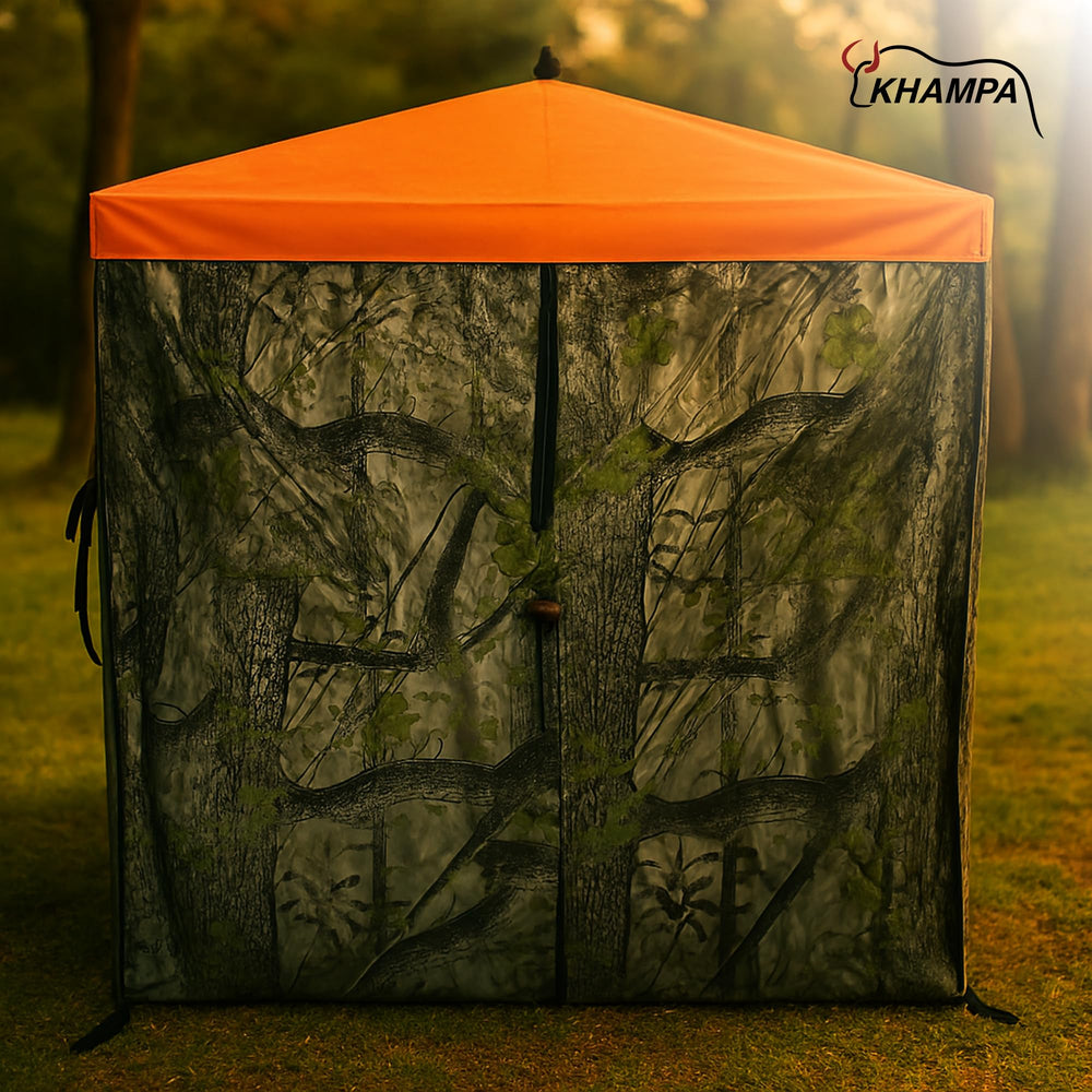 KHAMPA blaze orange visibility panel in use for quick spotting.