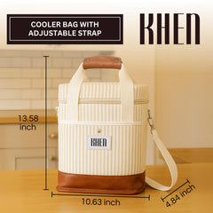 Khen insulated wine bag highlights thermal lining for keeping drinks cool on the go.