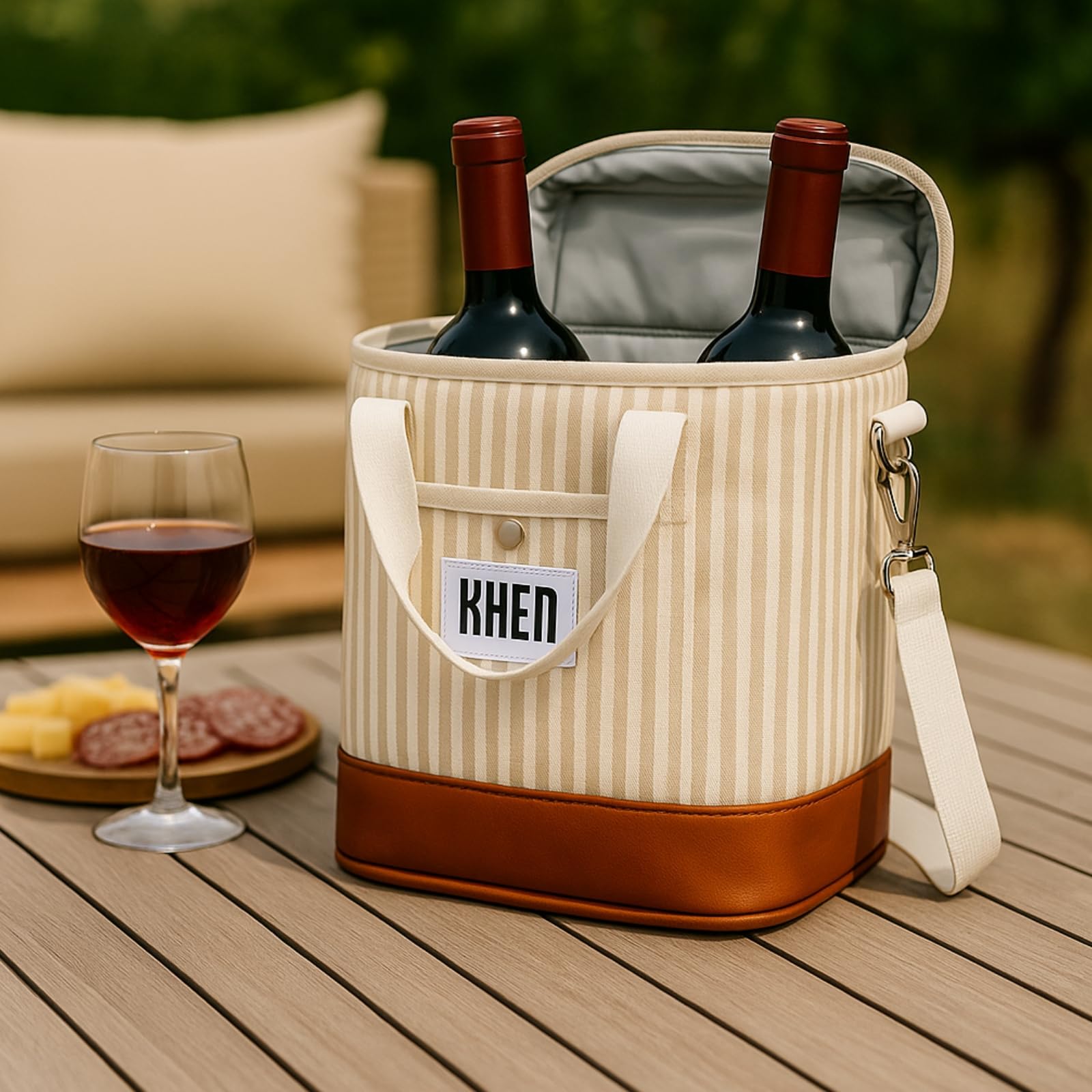 Khen stylish stripe finish and vegan leather accents elevate any outdoor gathering.