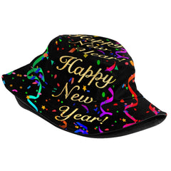 Kicoyuaz Happy New Year bucket hat side view, unisex design in breathable fabric.