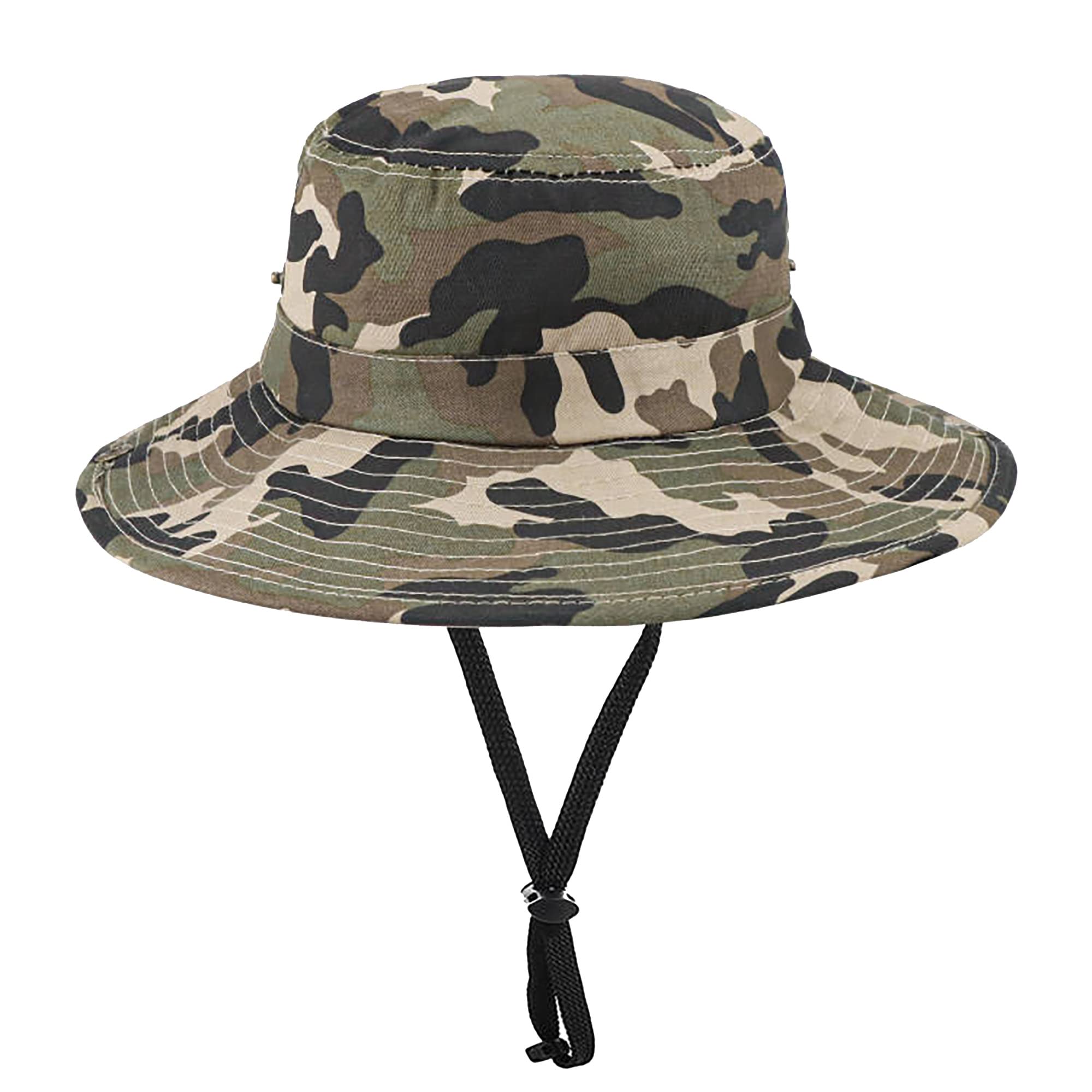Child wearing camo sun hat outdoors