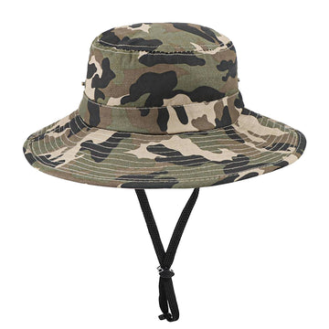 Child wearing camo sun hat outdoors