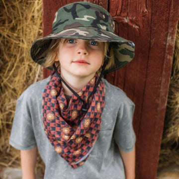 Close-up of adjustable strap on camo bucket hat