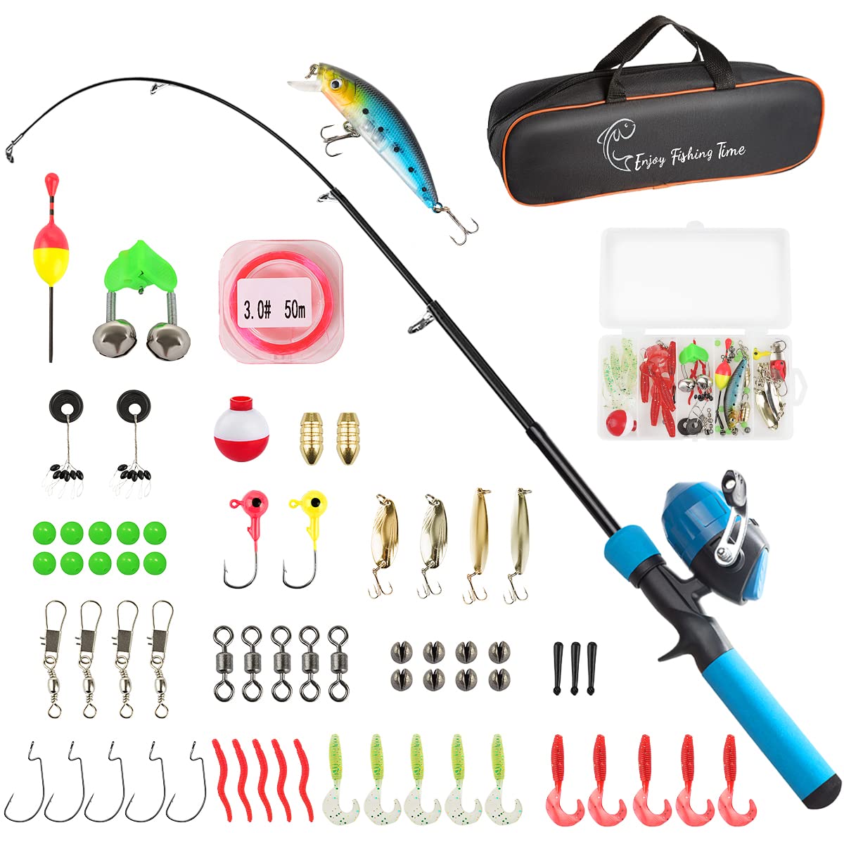 59-inch collapsible kids fishing pole with reel and carrying case