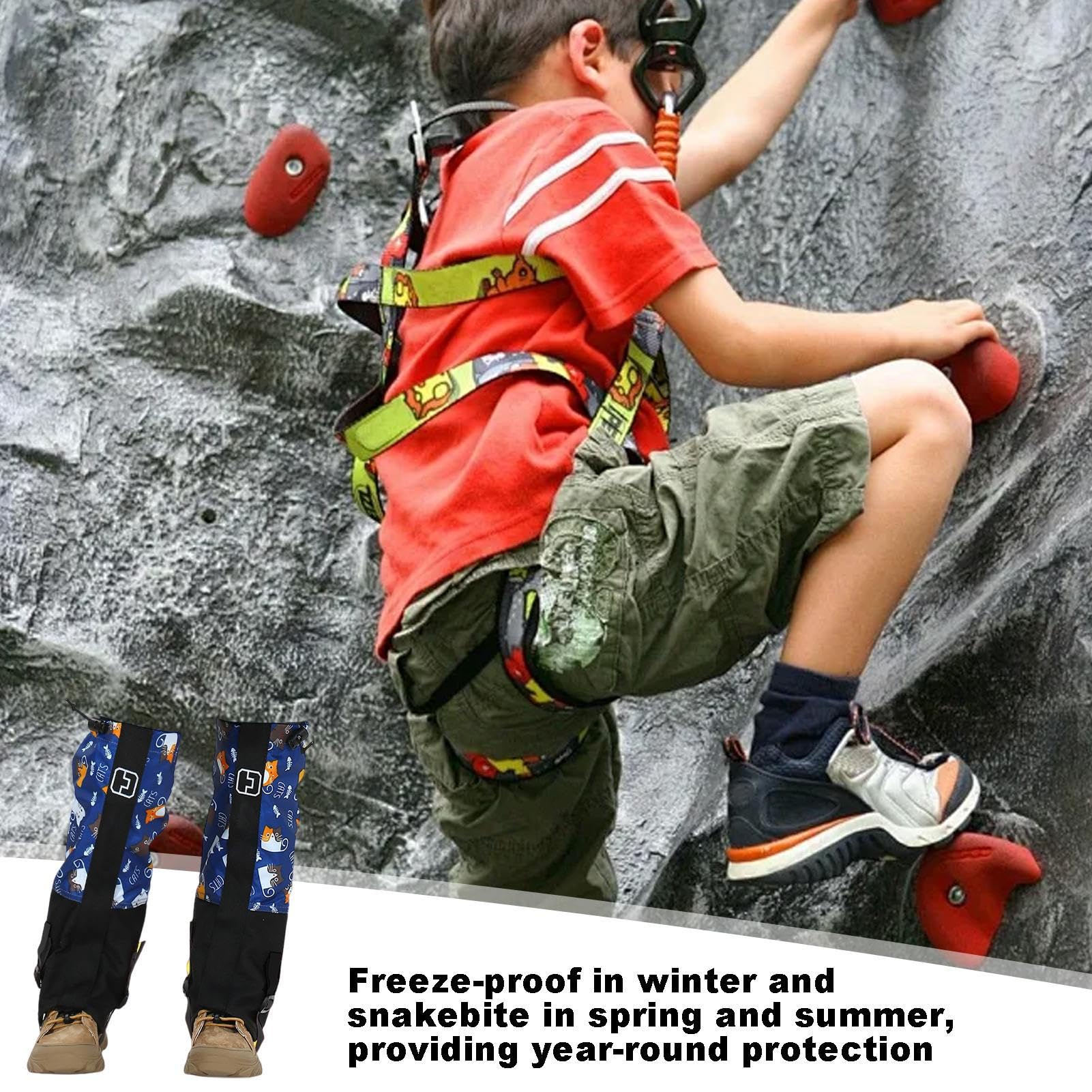 Kids Snowproof Boot Gaiters waterproof fabric shown in wet snow conditions.