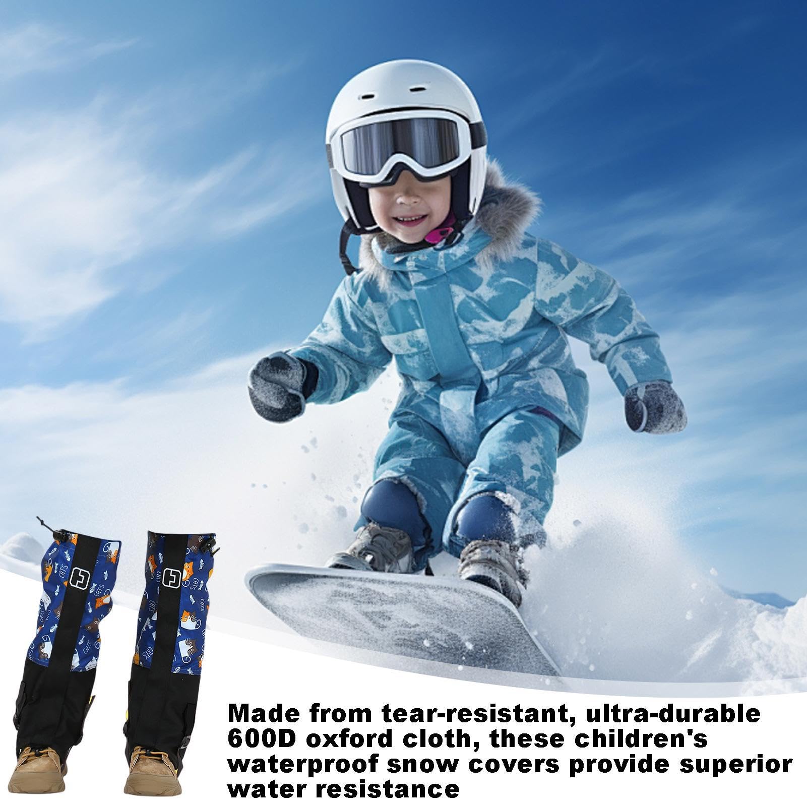 Kids Snowproof Boot Gaiters windproof panel shields shins during winter hikes.