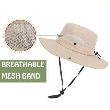 Side view of kids sun hat beige with chin strap